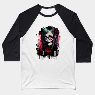 Cartoon little girl with glasses in gothic style at school T-Shirt Baseball T-Shirt